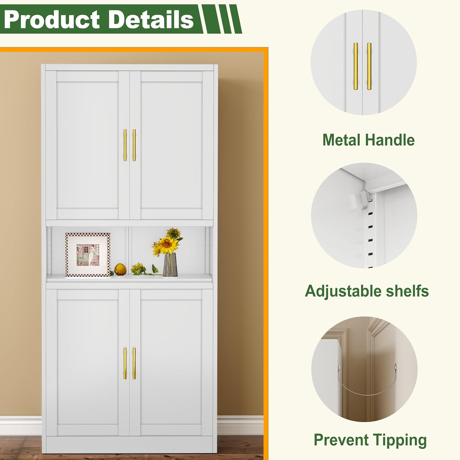 Ckzbx Gabinete de cocina de metal de 61 pulgadas de alto con 4 puertas, armarios de baño, 2 estantes ajustables para cocina, oficina en casa, sala de estar, comedor (negro)