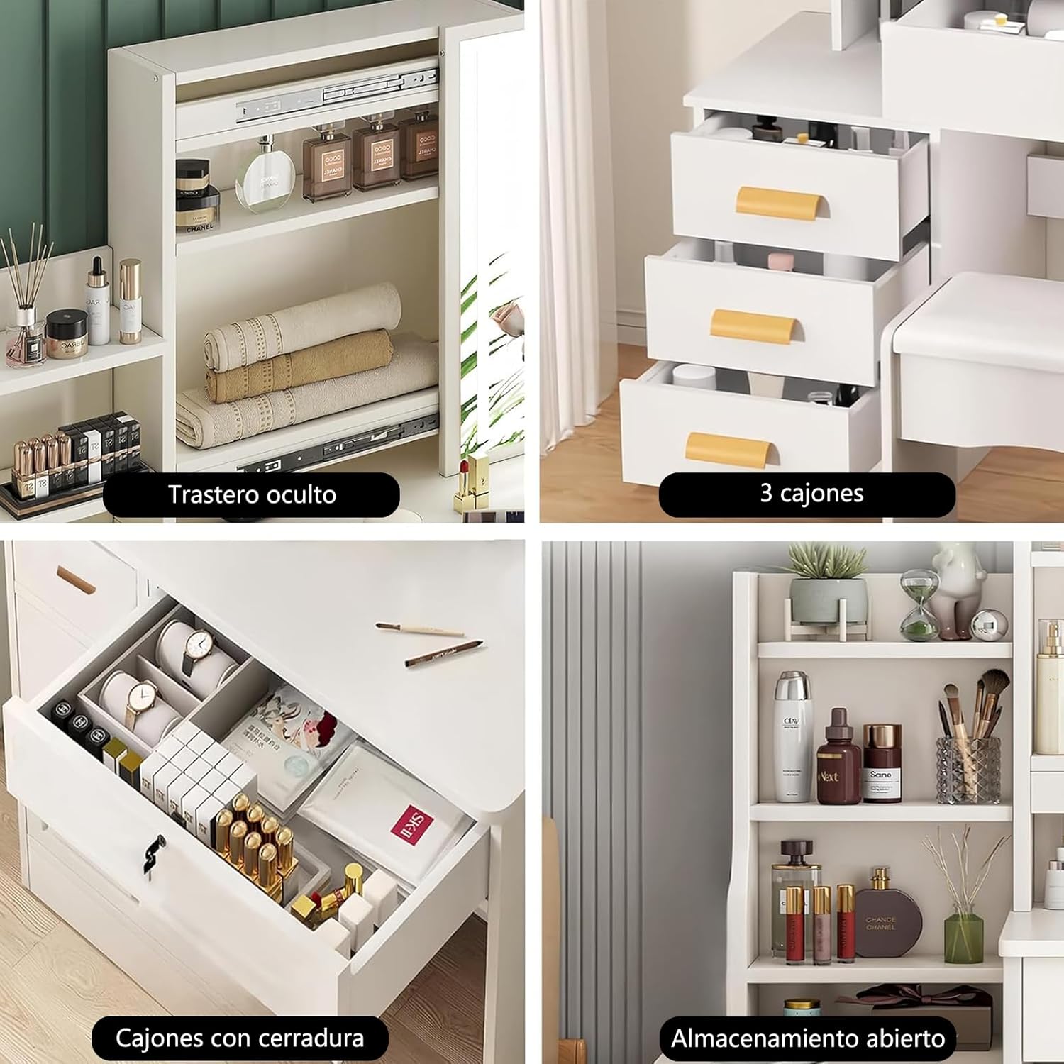CAREEPD Tocador Vanity con Espejo luz led, tocador con Espejo con 4 Cajones, Escritorio de Maquillaje con Espejo Iluminado Led en 3 Colores,Blanco cálido Tocador de señora (Gabinete Izquierdo)