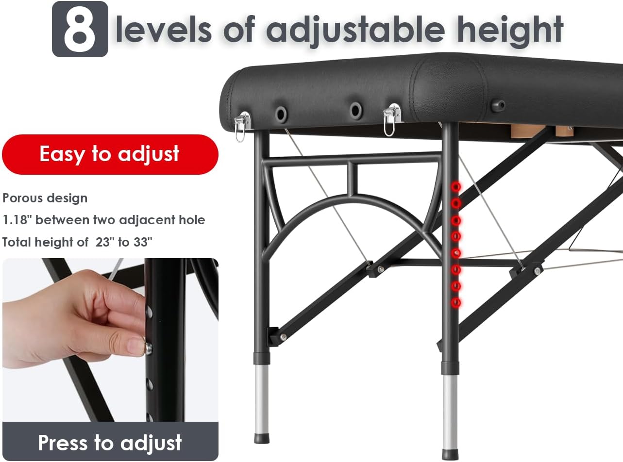 CLORIS - Mesa de masaje profesional de 84 pulgadas, portátil, 2 plegables, ligera, para spa, cama de tatuaje, altura ajustable con bolsa de transporte y pierna de aluminio que soporta hasta 1000