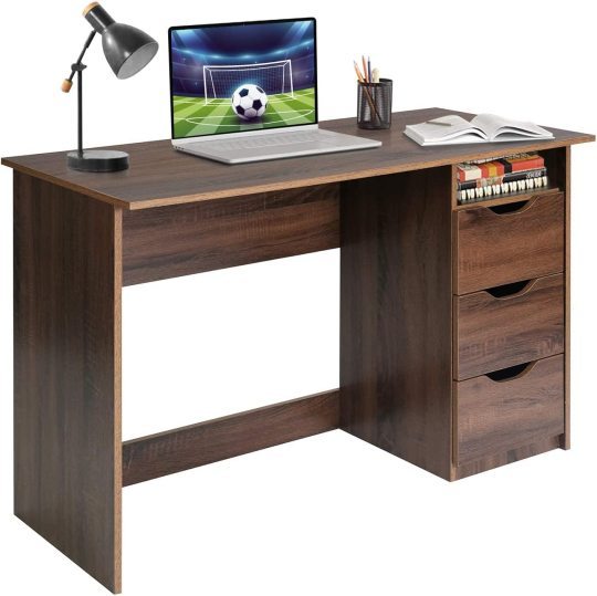 Mesa de Estudio de Escritura Multipropósito para Computadora con 3 Cajones de Guía Deslizantes Laterales Diseño Minimalista Moderno Escritorio de Oficina de Madera Haya