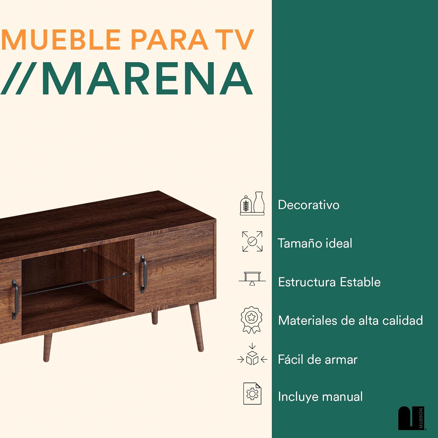 MUBSON Mueble para TV para Pantallas de hasta 55 Pulgadas | 120x39 cm | Centro de Entretenimiento para TV Marena con 3 Repisas y 2 Espacios para Consolas o Bocinas. Mesa para TV. TV Furniture