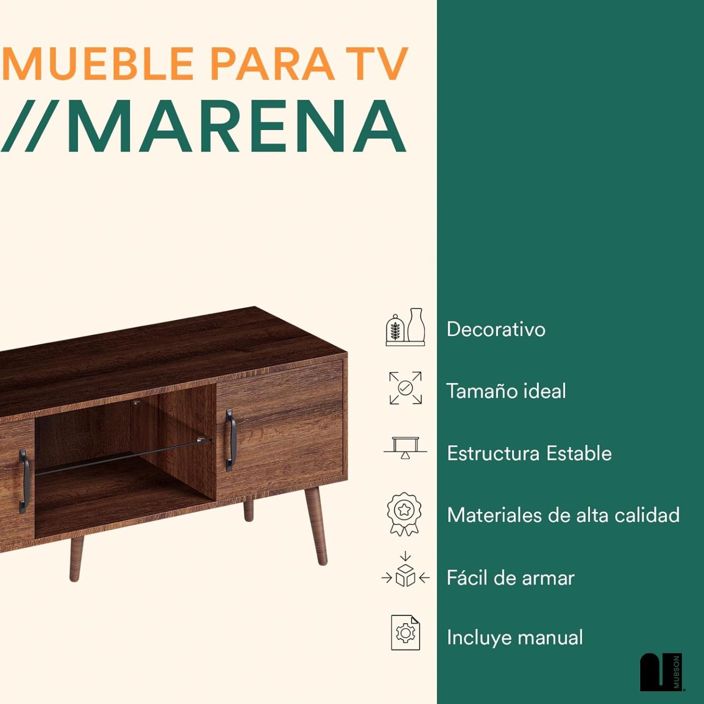 MUBSON Mueble para TV para Pantallas de hasta 55 Pulgadas | 120x39 cm | Centro de Entretenimiento para TV Marena con 3 Repisas y 2 Espacios para Consolas o Bocinas. Mesa para TV. TV Furniture