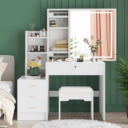 CAREEPD Tocador Vanity con Espejo luz led, tocador con Espejo con 4 Cajones, Escritorio de Maquillaje con Espejo Iluminado Led en 3 Colores,Blanco cálido Tocador de señora (Gabinete Izquierdo)