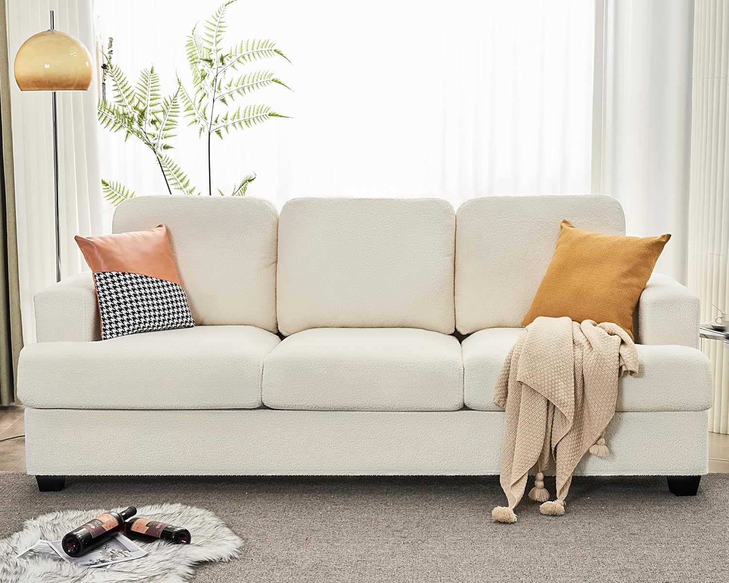 VanAcc Sofá de 89 pulgadas, cómodo sofá con asientos extra profundos, sofá de 3 plazas, sofá moderno, sofá para sala de estar, departamento, bouclé blanco