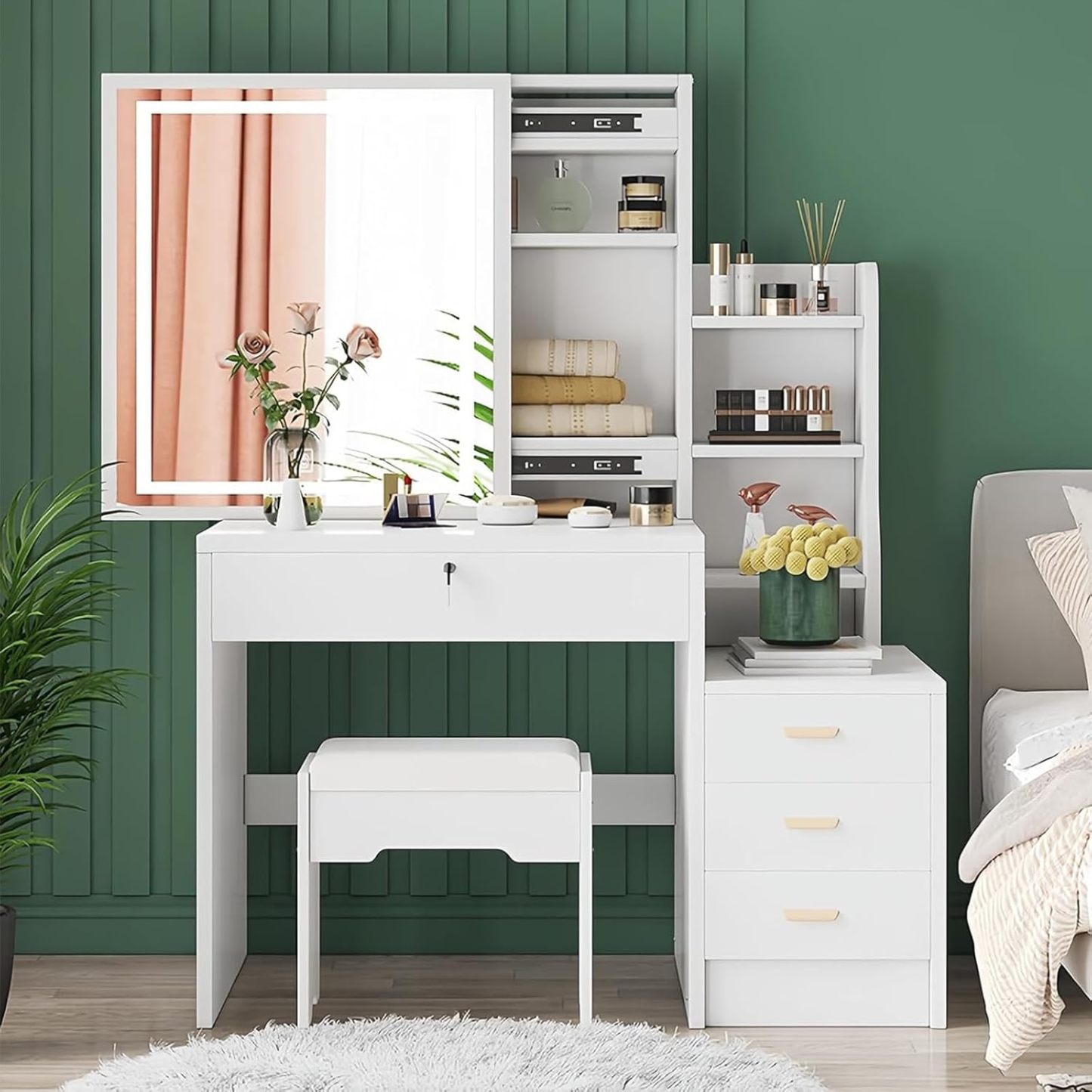 CAREEPD Tocador Vanity con Espejo luz led, tocador con Espejo con 4 Cajones, Escritorio de Maquillaje con Espejo Iluminado Led en 3 Colores,Blanco cálido Tocador de señora (Gabinete Izquierdo)