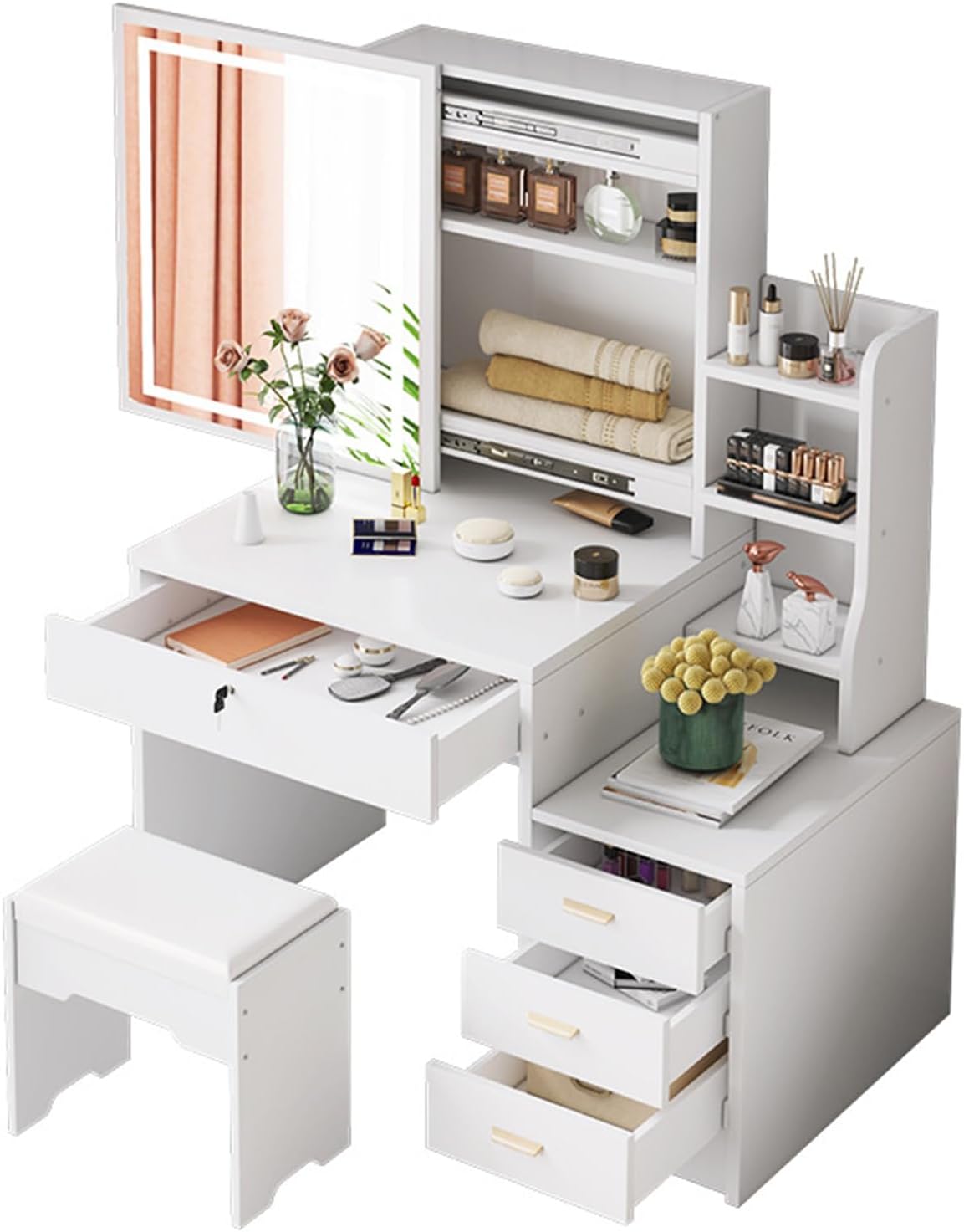 CAREEPD Tocador Vanity con Espejo luz led, tocador con Espejo con 4 Cajones, Escritorio de Maquillaje con Espejo Iluminado Led en 3 Colores,Blanco cálido Tocador de señora (Gabinete Izquierdo)