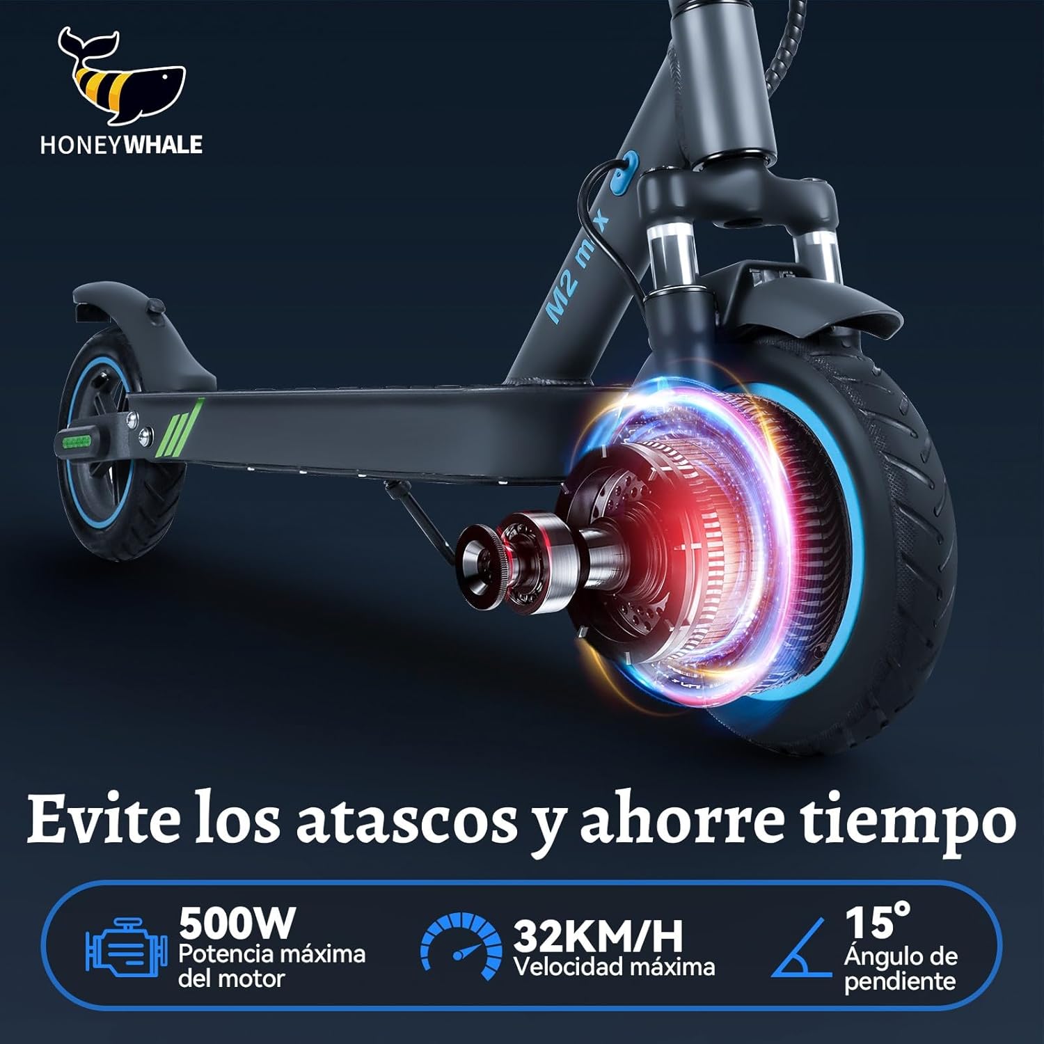 HONEYWHALE M2 MAX Scooter Eléctrico Plegable para Adultos, Motor de 500 W de Potencia Máxima, Velocidad Máxima 32KM/H, 22KM con Una Carga Completa, Patin Eléctrico con App Control Bluetooth