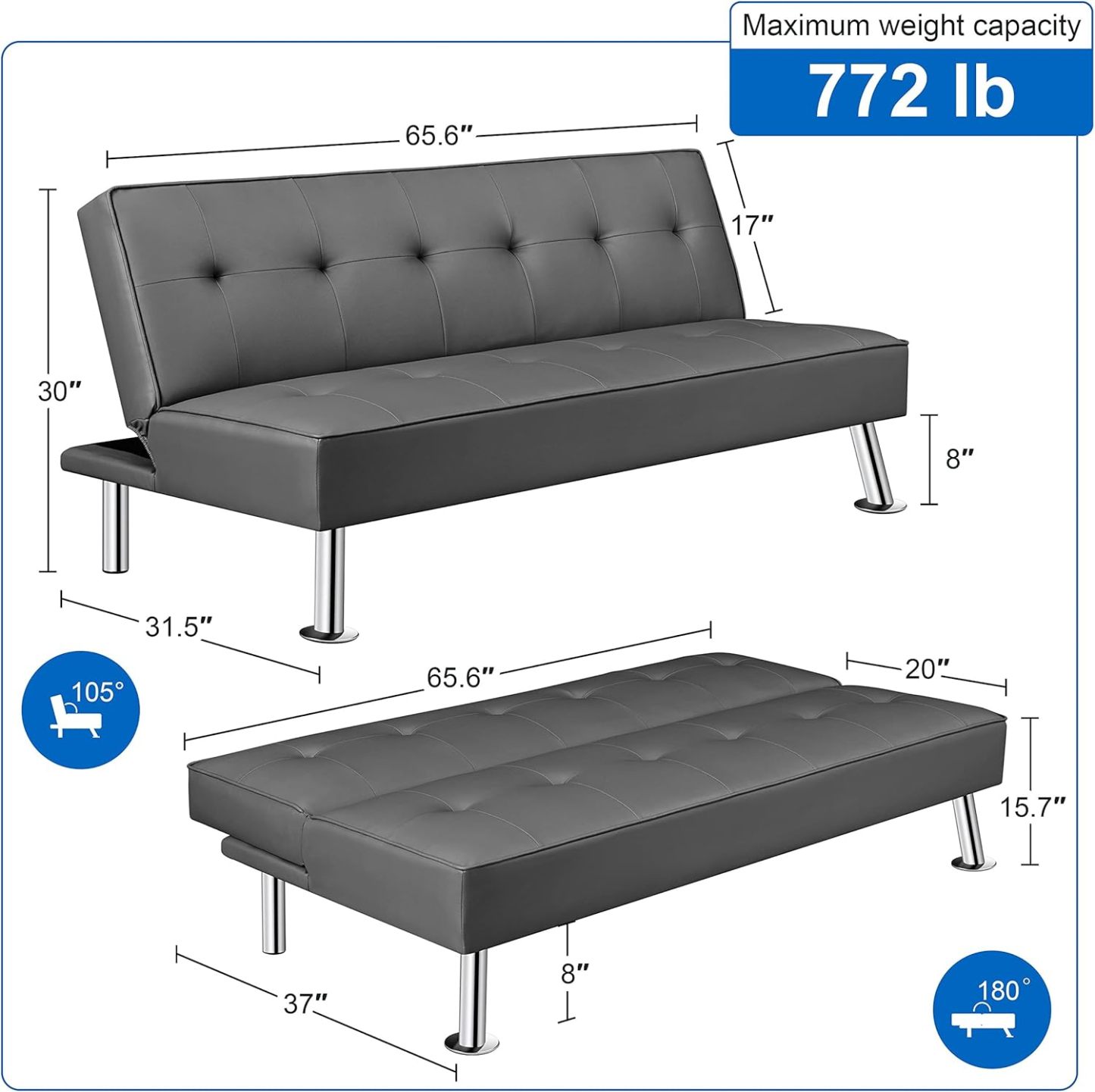 Yaheetech - Sofá Convertible de Piel sintética, sofá Cama, sofá de futón, sofá Ajustable, sofá de futón, Muebles de Sala de Estar con Patas de Metal Chapado en Cromo, Gris