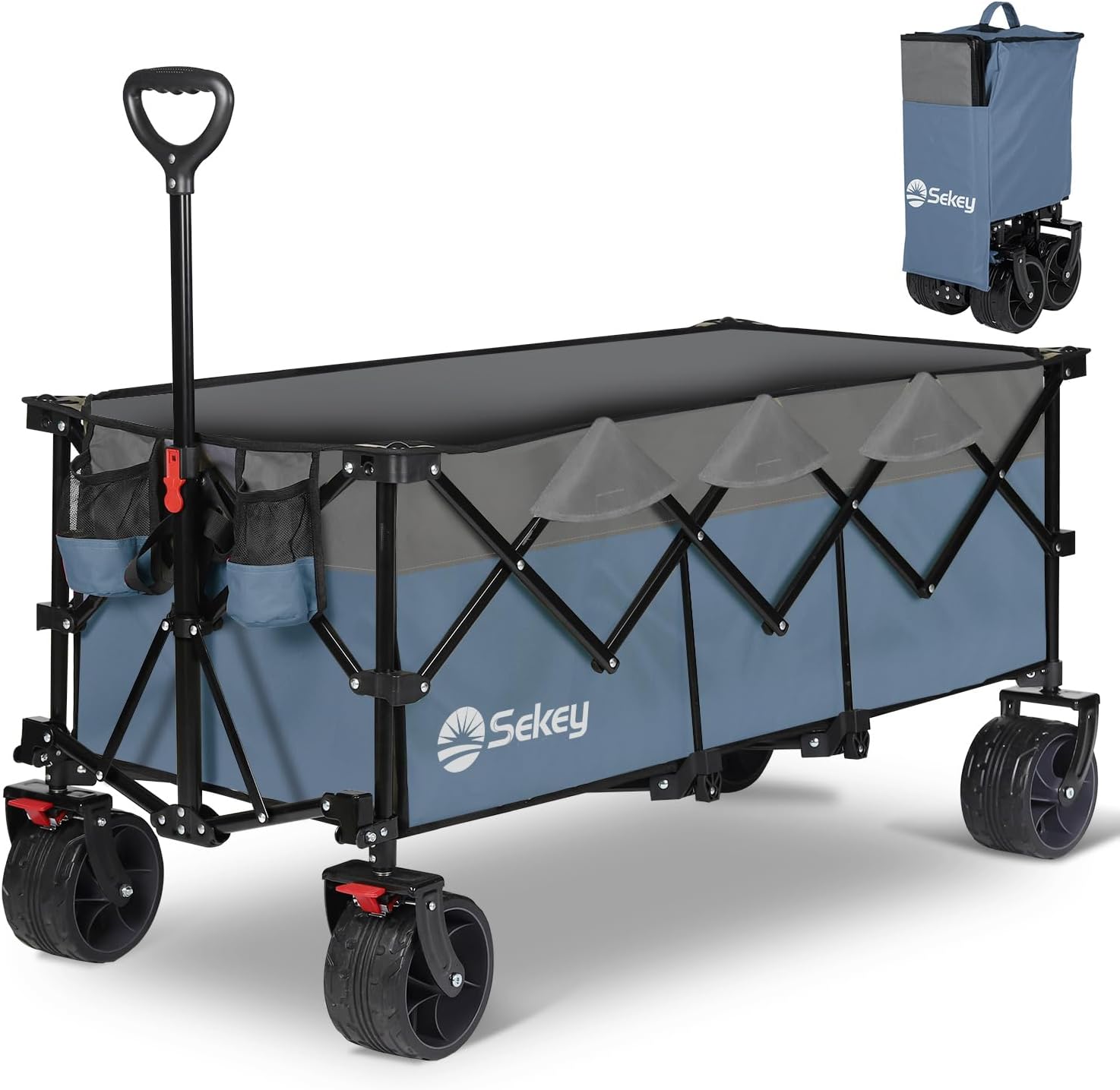 Sekey Carro plegable plegable de 48 pulgadas de largo con capacidad de peso de 420 libras, carro de jardín plegable de 300 litros de servicio pesado con ruedas de playa grandes todo terreno y soportes