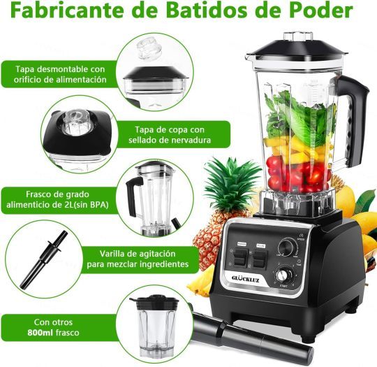 Glückluz Licuadora Profesional Uso Rudo 1800W 2L+Adicional 800ml, Doméstico Comercial Industrial Batidora de Verduras Extractor de Velocidad Ajustable y Hielo Picado a Fondo Extractora