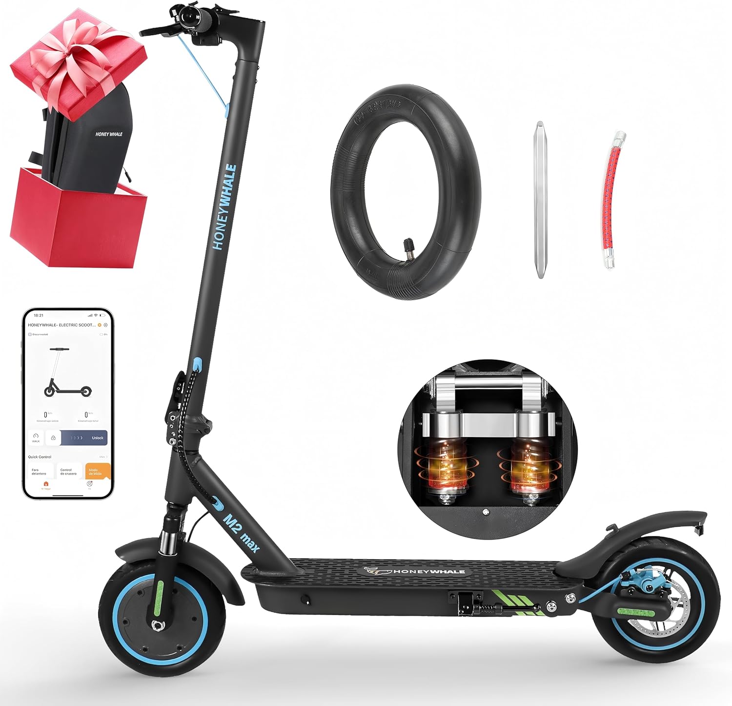 HONEYWHALE M2 MAX Scooter Eléctrico Plegable para Adultos, Motor de 500 W de Potencia Máxima, Velocidad Máxima 32KM/H, 22KM con Una Carga Completa, Patin Eléctrico con App Control Bluetooth