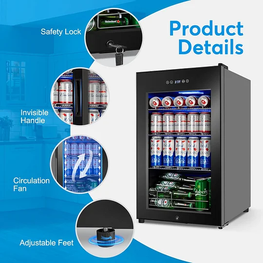 Refrigerador de bebidas de 17 pulgadas de ancho - Enfriador de bebidas para 126 latas con puerta de vidrio | Mini refrigerador para bebidas y cerveza de encimera/independiente | Memoria de temperatura | Puerta invisible |