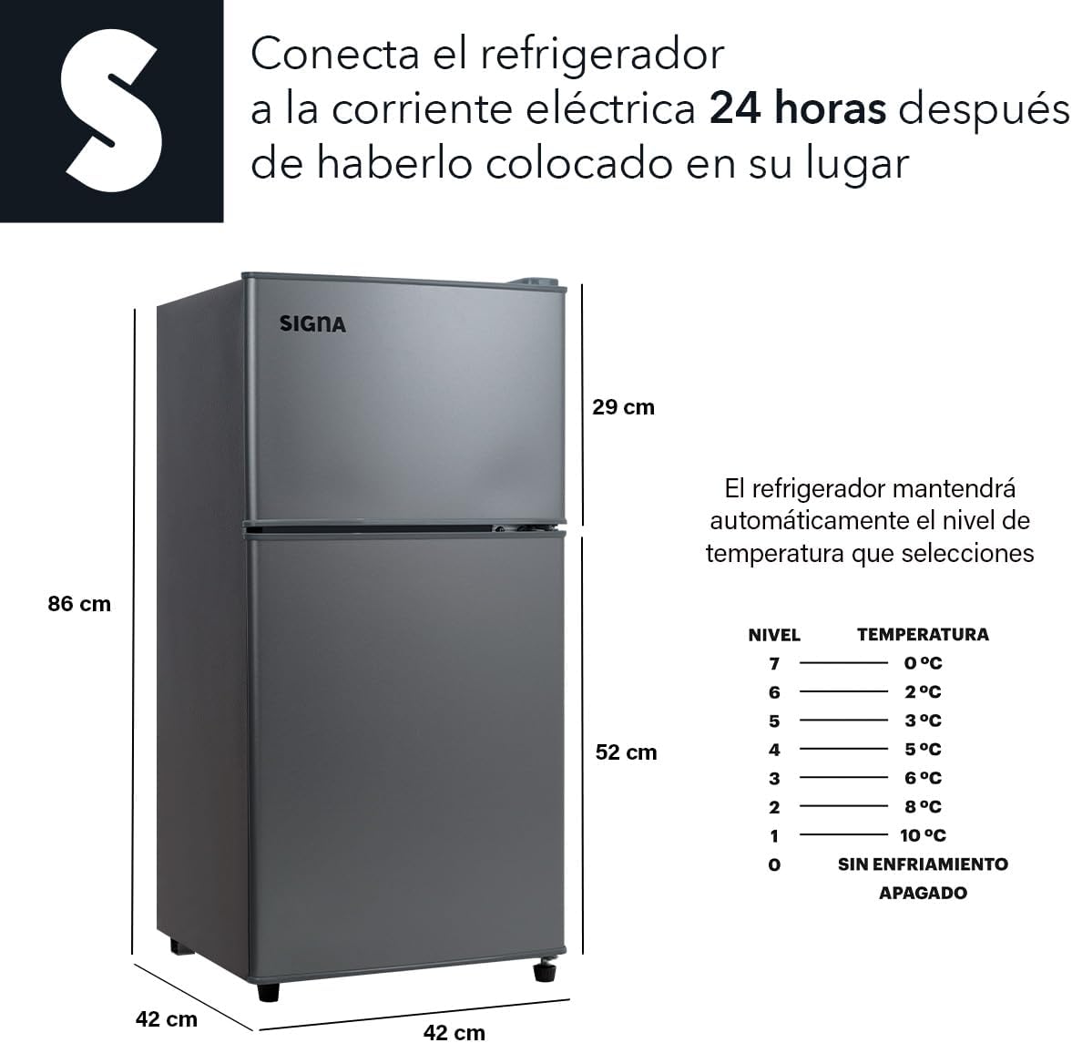 SIGNA Mini Refrigerador 86L (3 pies cubicos) Frigobar Compacto Silver Refrigerador Pequeño Con congelador de Acero Inoxidable Ideal Para Espacios Pequeños Frigobar Mini Multifuncional