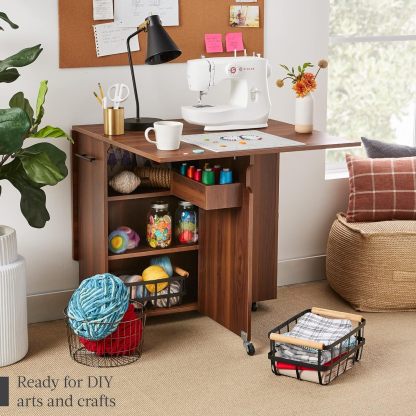 Best Choice Products - Mesa de comedor plegable, multiusos para ahorrar espacio, con ruedas, 3 estantes de almacenamiento, color café