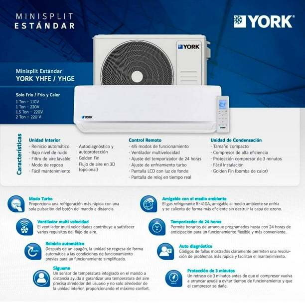 Mini Split York Frío/Calor 12,000 BTU´s 220V 1 Ton