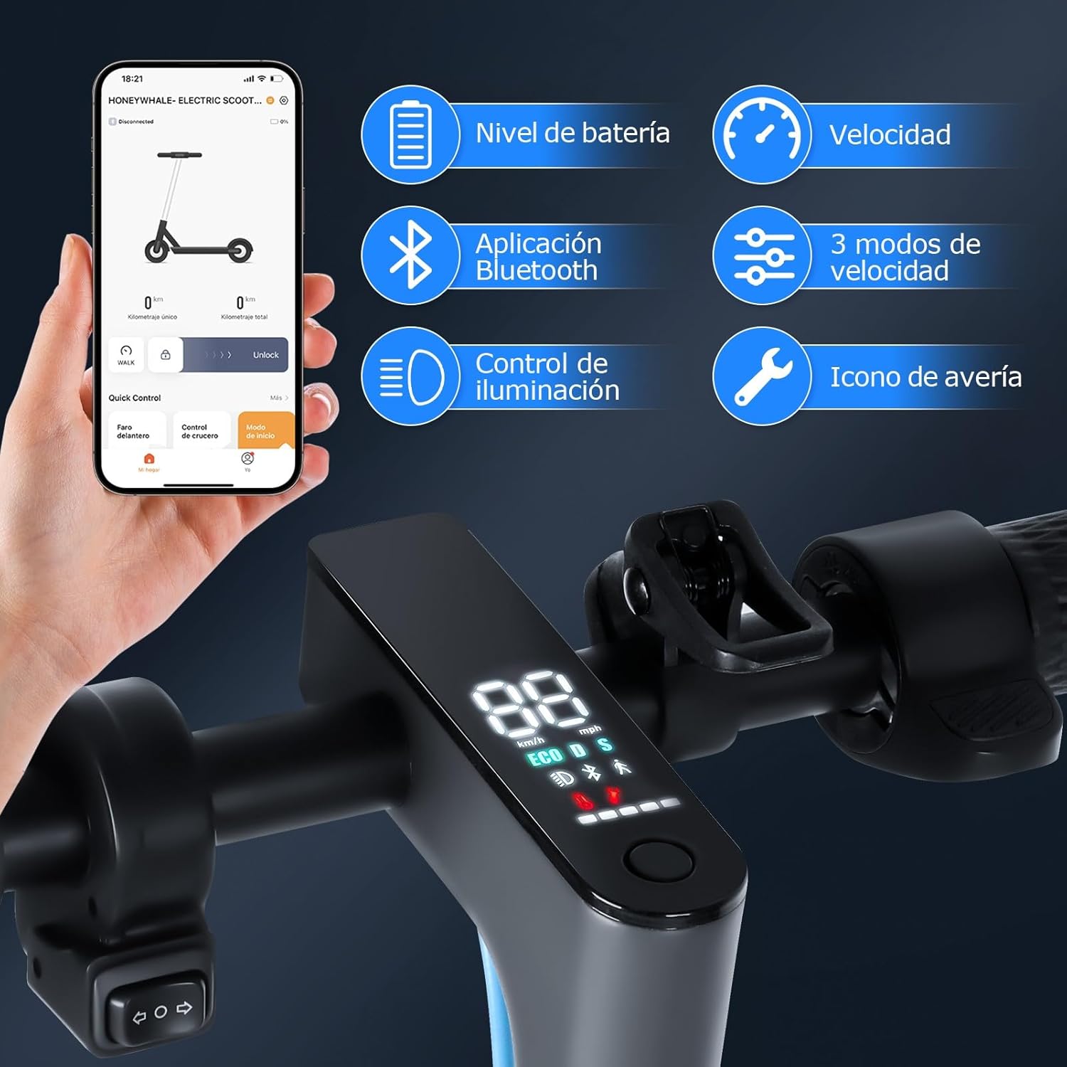 HONEYWHALE M2 MAX Scooter Eléctrico Plegable para Adultos, Motor de 500 W de Potencia Máxima, Velocidad Máxima 32KM/H, 22KM con Una Carga Completa, Patin Eléctrico con App Control Bluetooth