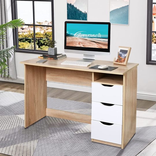 Mesa de Estudio de Escritura Multipropósito para Computadora con 3 Cajones de Guía Deslizantes Laterales Diseño Minimalista Moderno Escritorio de Oficina de Madera Haya