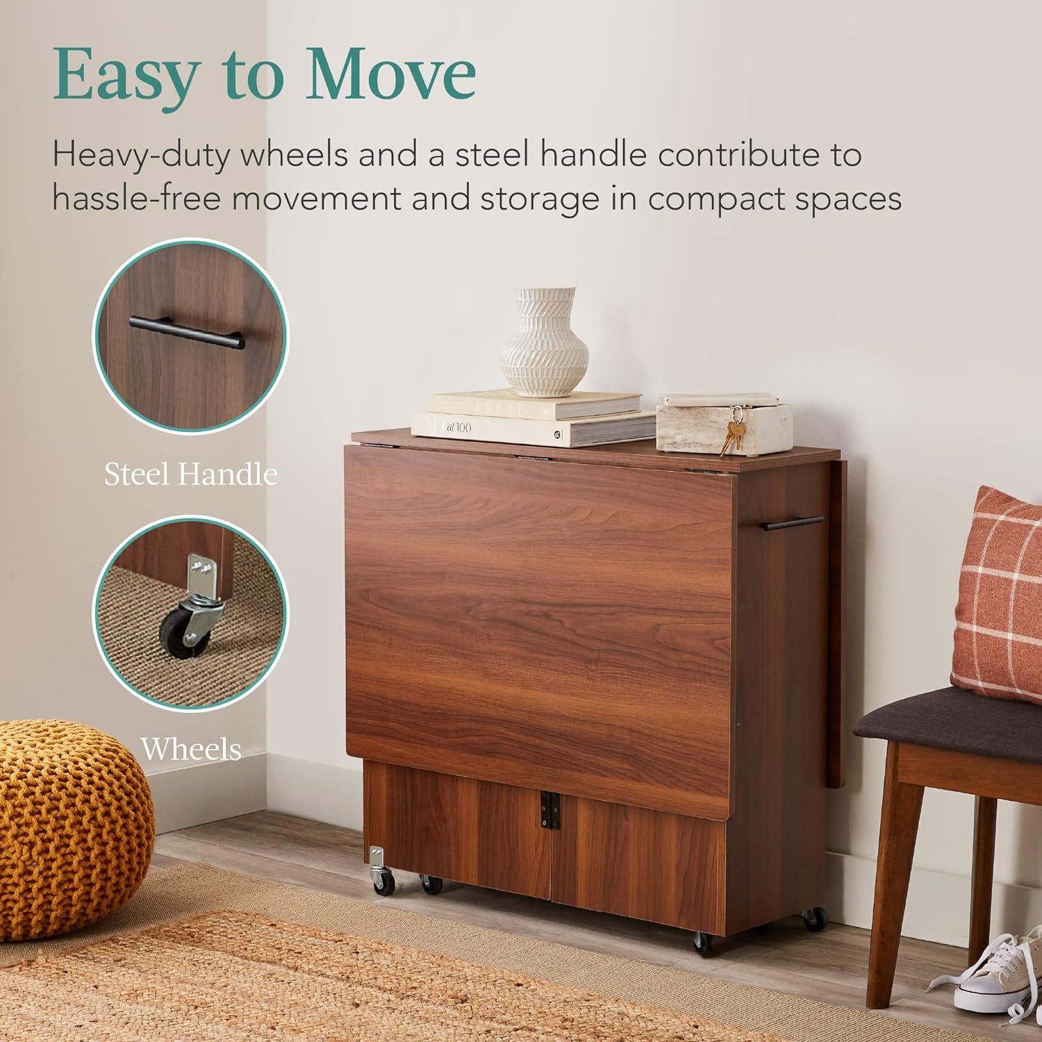 Best Choice Products - Mesa de comedor plegable, multiusos para ahorrar espacio, con ruedas, 3 estantes de almacenamiento, color café