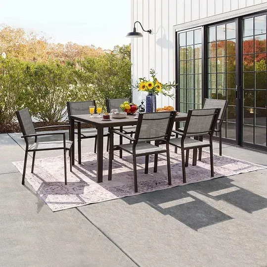 Juego de comedor para patio, 7 piezas, marco de metal, muebles de exterior con 6 sillas de textileno y mesa rectangular, juego de conversación de cocina familiar para patio trasero, césped, terraza (café)