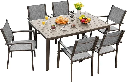 Juego de comedor para patio, 7 piezas, marco de metal, muebles de exterior con 6 sillas de textileno y mesa rectangular, juego de conversación de cocina familiar para patio trasero, césped, terraza (café)