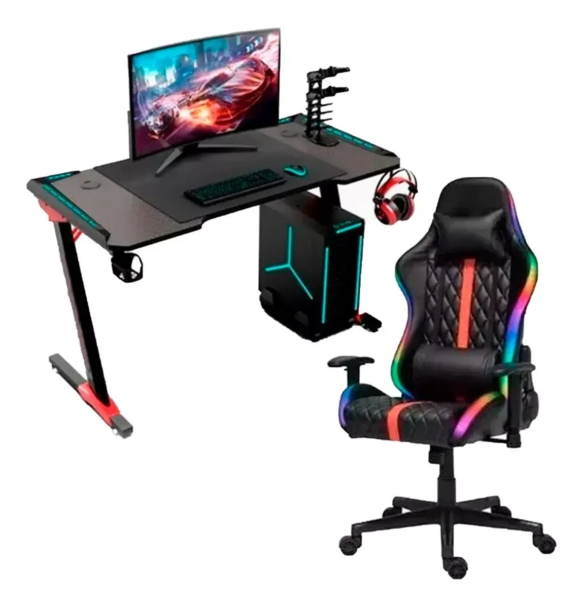 Set Gamer Silla + Escritorio Led Rgb Porta Vasos Reclinable