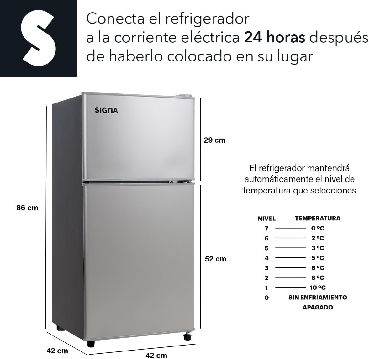 SIGNA Mini Refrigerador 86L (3 pies cubicos) Frigobar Compacto Silver Refrigerador Pequeño Con congelador de Acero Inoxidable Ideal Para Espacios Pequeños Frigobar Mini Multifuncional