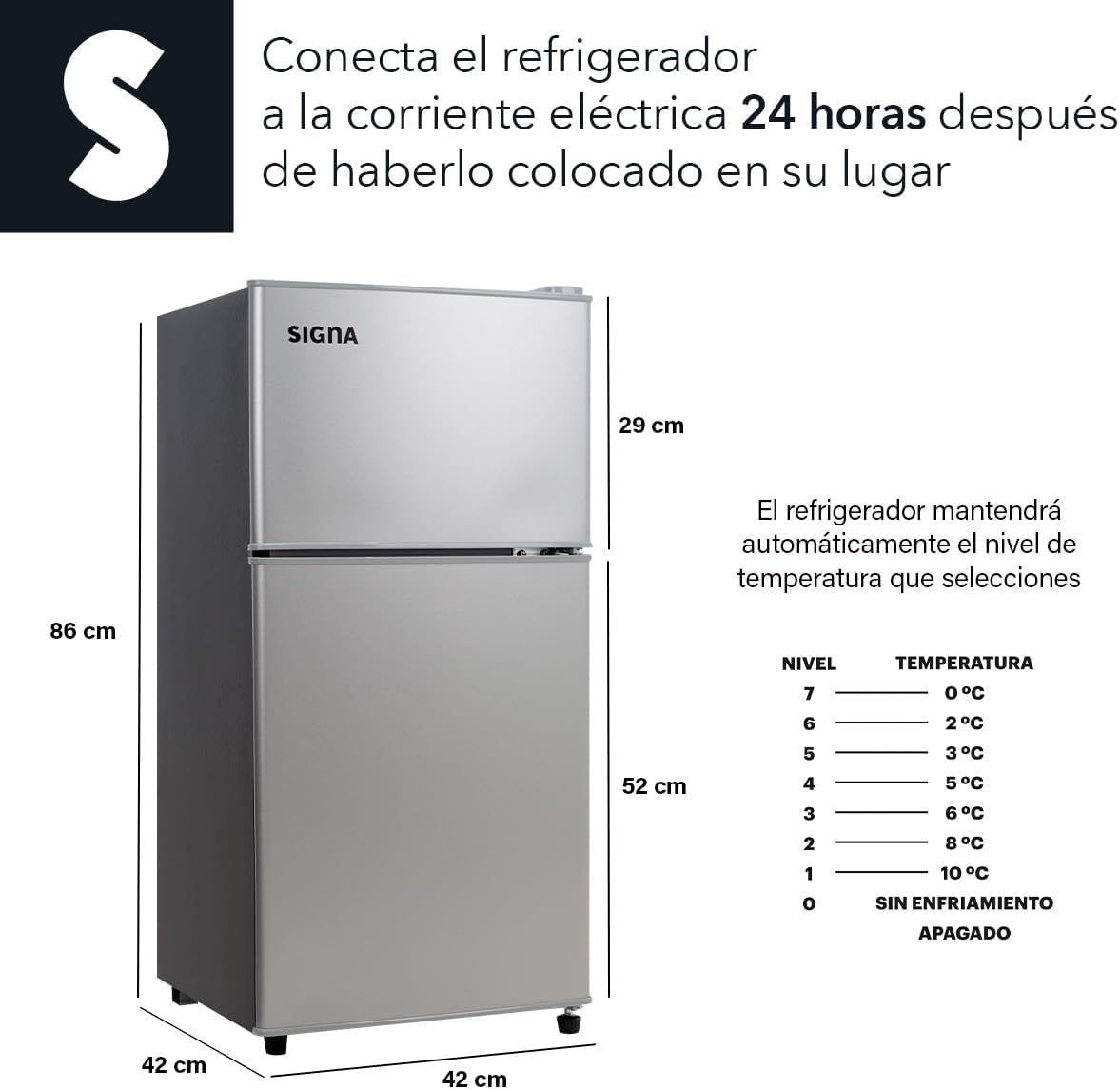 SIGNA Mini Refrigerador 86L (3 pies cubicos) Frigobar Compacto Silver Refrigerador Pequeño Con congelador de Acero Inoxidable Ideal Para Espacios Pequeños Frigobar Mini Multifuncional