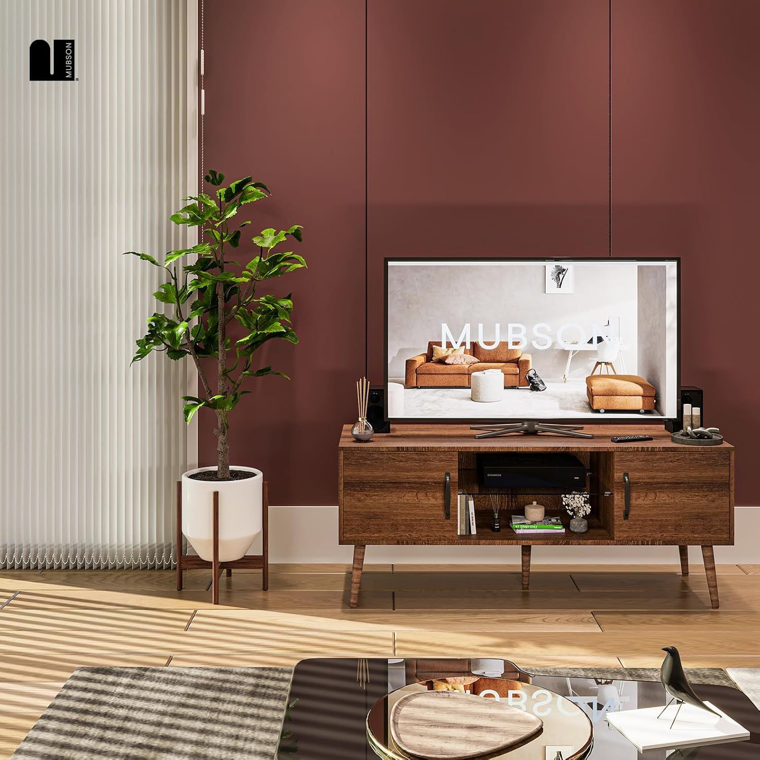 MUBSON Mueble para TV para Pantallas de hasta 55 Pulgadas | 120x39 cm | Centro de Entretenimiento para TV Marena con 3 Repisas y 2 Espacios para Consolas o Bocinas. Mesa para TV. TV Furniture