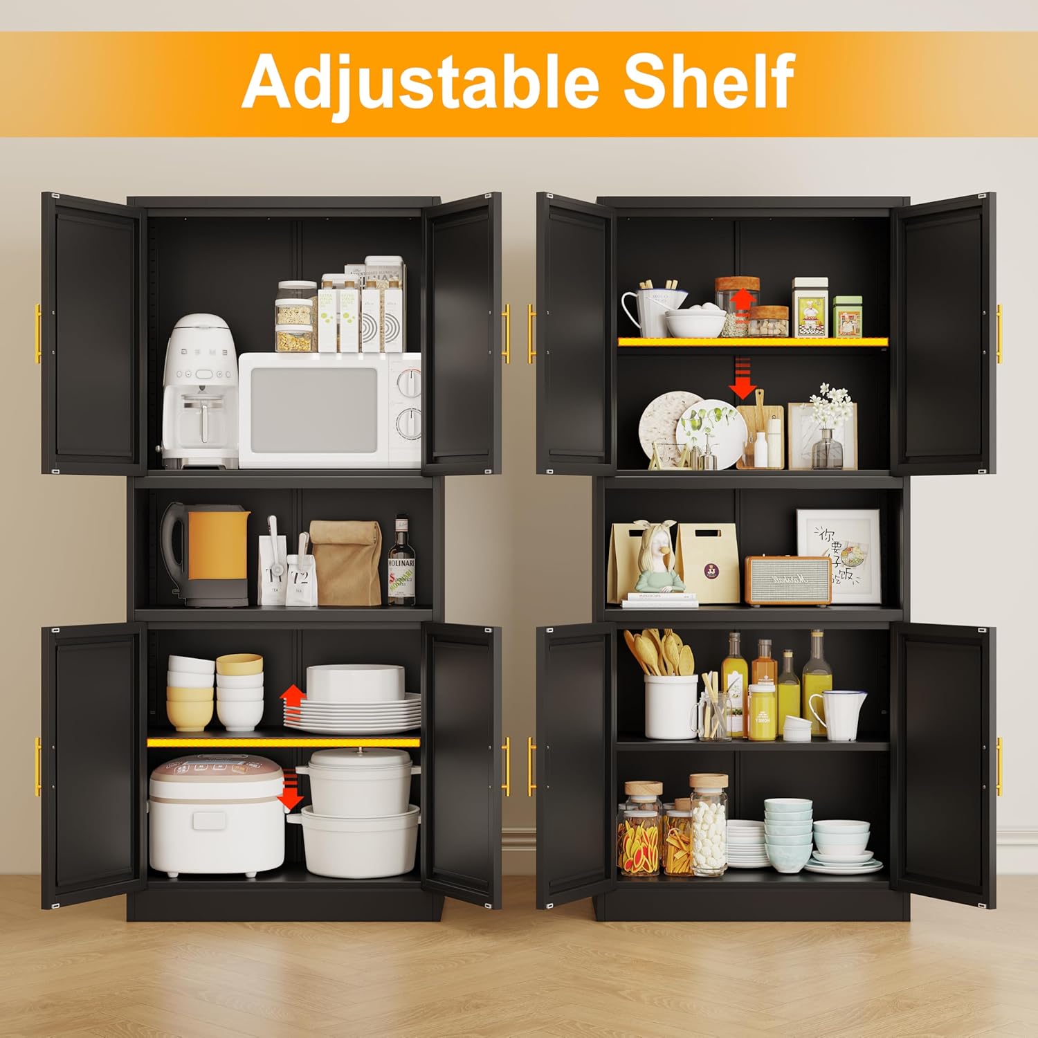 Ckzbx Gabinete de cocina de metal de 61 pulgadas de alto con 4 puertas, armarios de baño, 2 estantes ajustables para cocina, oficina en casa, sala de estar, comedor (negro)