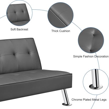 Yaheetech - Sofá Convertible de Piel sintética, sofá Cama, sofá de futón, sofá Ajustable, sofá de futón, Muebles de Sala de Estar con Patas de Metal Chapado en Cromo, Gris