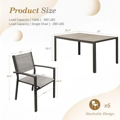 Juego de comedor para patio, 7 piezas, marco de metal, muebles de exterior con 6 sillas de textileno y mesa rectangular, juego de conversación de cocina familiar para patio trasero, césped, terraza (café)