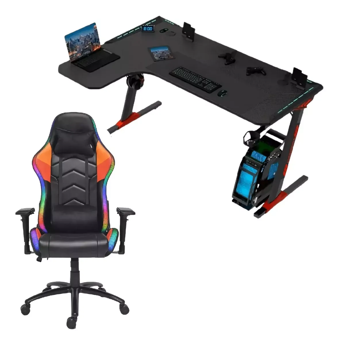Set Gamer Silla + Escritorio Led Rgb Porta Vasos Reclinable