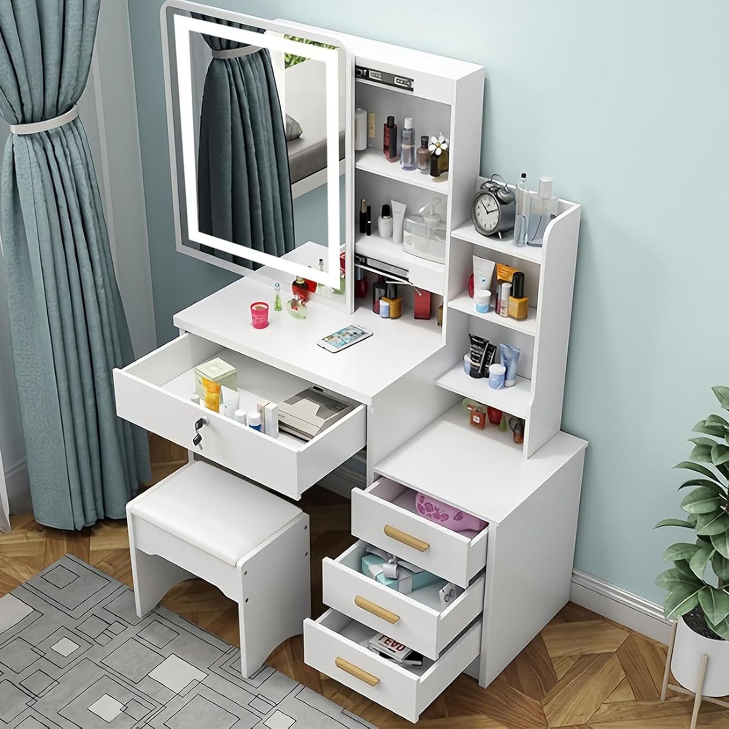 CAREEPD Tocador Vanity con Espejo luz led, tocador con Espejo con 4 Cajones, Escritorio de Maquillaje con Espejo Iluminado Led en 3 Colores,Blanco cálido Tocador de señora (Gabinete Izquierdo)