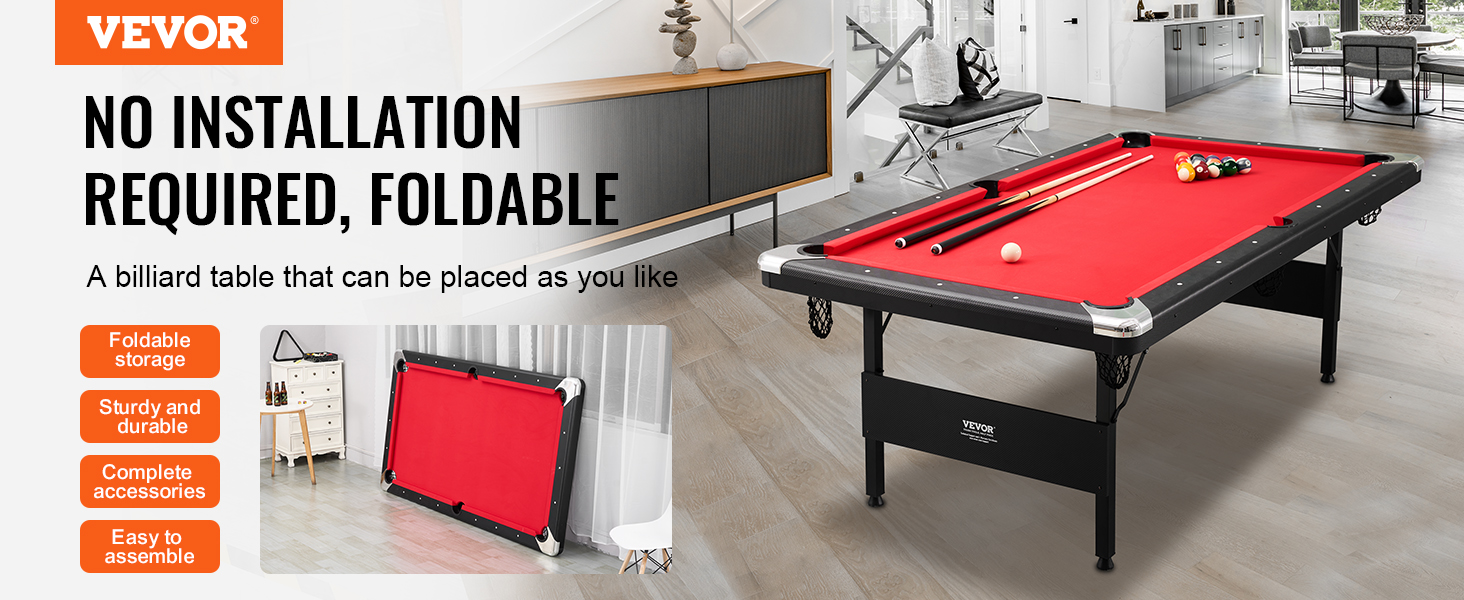 Mesa de billar VEVOR plegada y desplegada en una moderna sala de estar con fieltro rojo y accesorios.