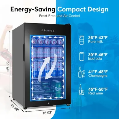 Refrigerador de bebidas de 17 pulgadas de ancho - Enfriador de bebidas para 126 latas con puerta de vidrio | Mini refrigerador para bebidas y cerveza de encimera/independiente | Memoria de temperatura | Puerta invisible |