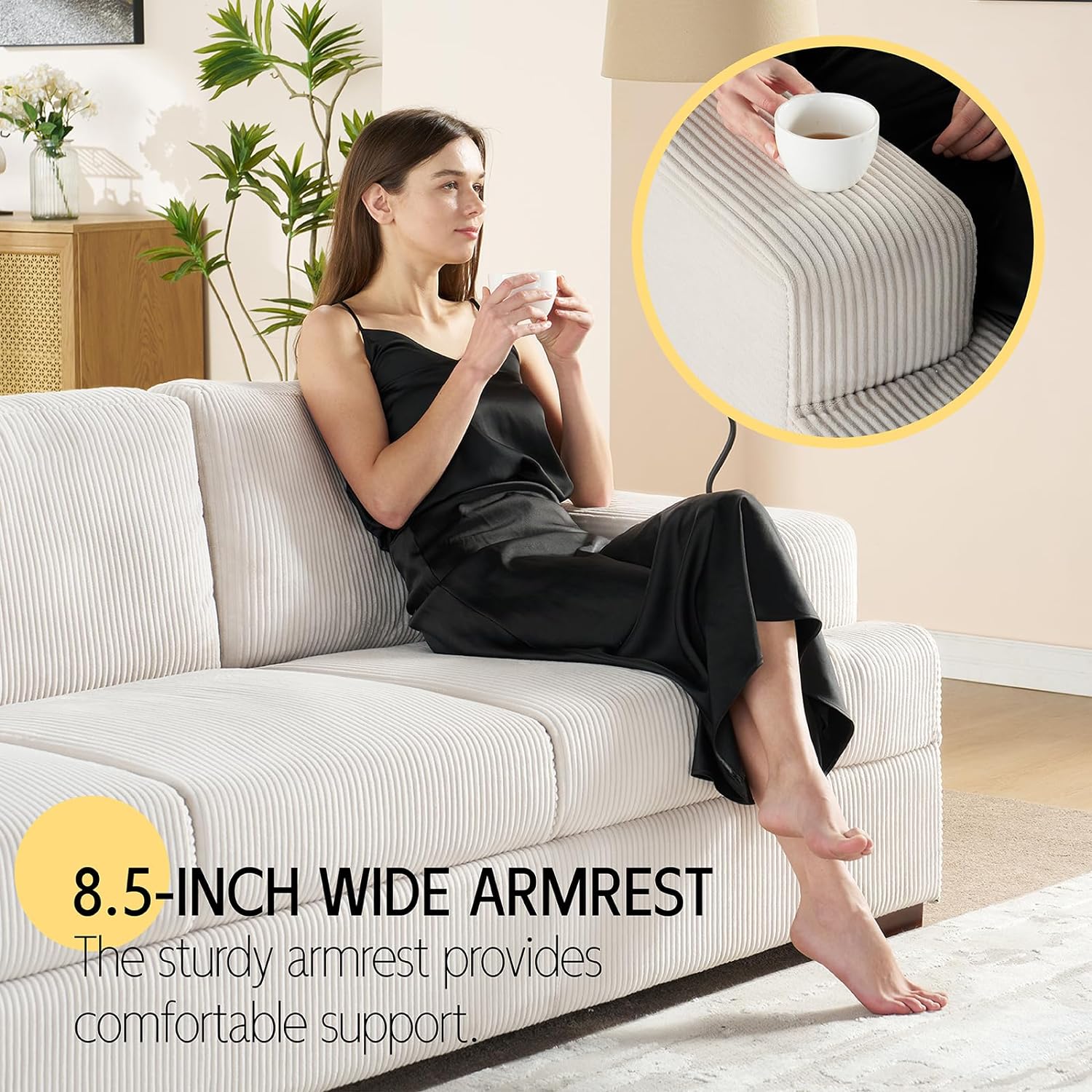 VanAcc Sofá de 89 pulgadas, cómodo sofá con asientos extra profundos, sofá de 3 plazas, sofá moderno, sofá para sala de estar, departamento, bouclé blanco