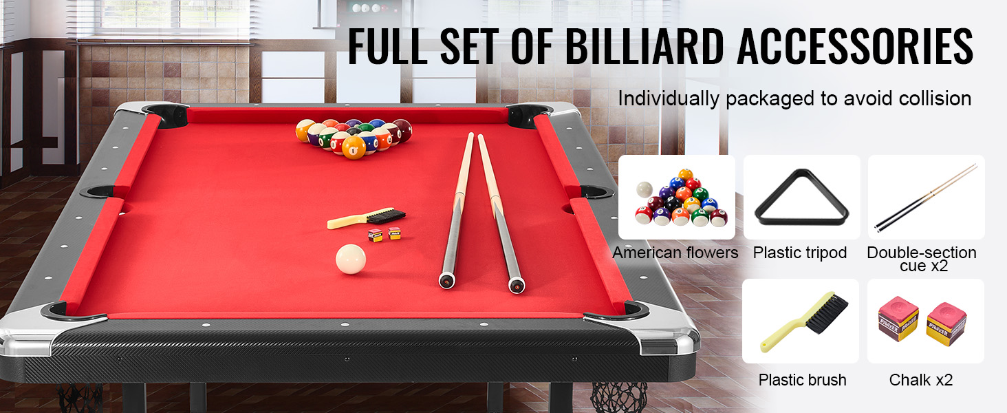 Mesa de billar VEVOR con fieltro rojo, juego completo de bolas, tacos, tiza, cepillo y soporte triangular.