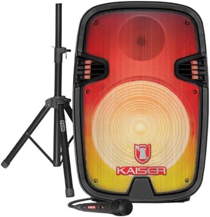 MITZU KSW-4015 Bocina 15" Luz Tipo Flama Ksr-Link, Recargable, Bluetooth, USB, Micro SD, FM, Aux, 1 Mic Alambrico, Stand, 40W RMS Negro