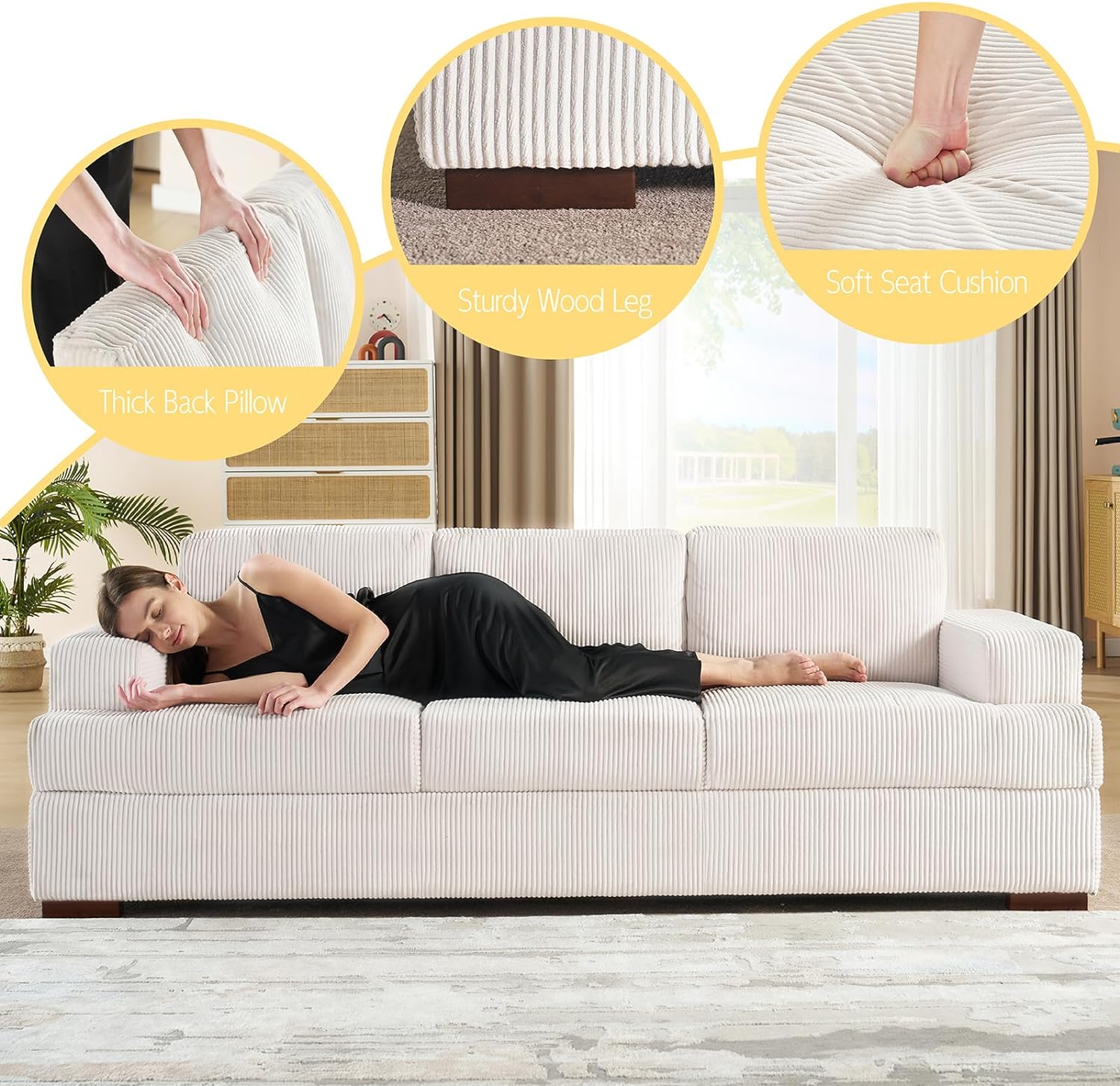 VanAcc Sofá de 89 pulgadas, cómodo sofá con asientos extra profundos, sofá de 3 plazas, sofá moderno, sofá para sala de estar, departamento, bouclé blanco