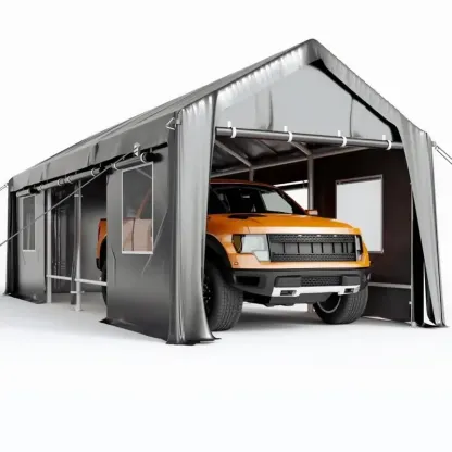 Cochecito a prueba de viento de 13'x25' de gran tamaño, marco reforzado antiviento de alta resistencia, garaje portátil para camionetas de tamaño completo, SUV, botes y remolques, altura ajustable, gris plateado