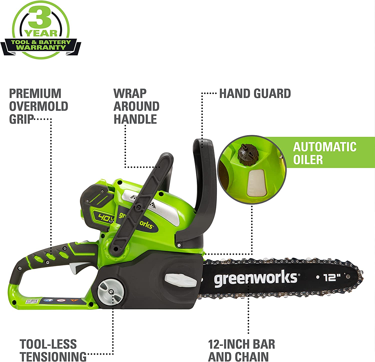 GreenWorks 20262 G-MAX 40V 12-Inch Cordless Chainsaw, 2AH Battery and a Charger Included
