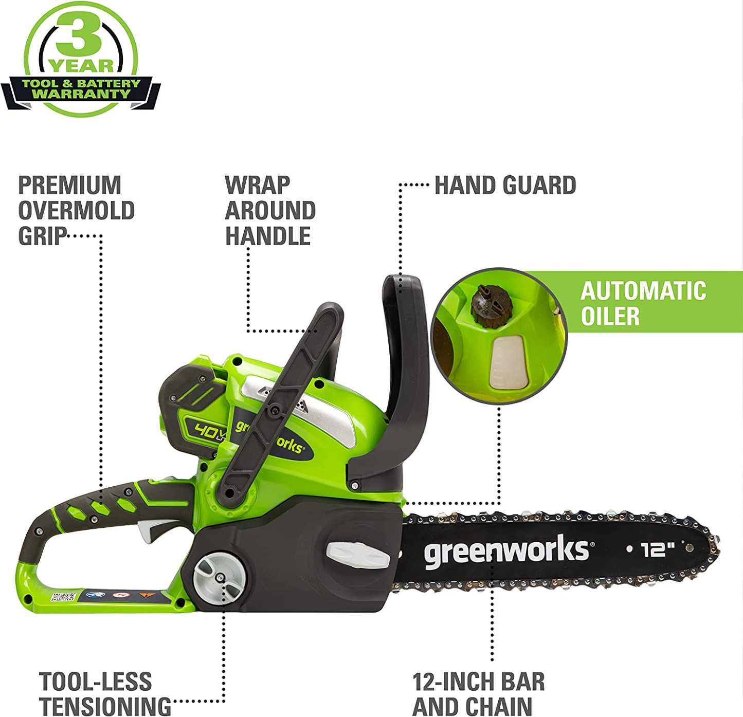 GreenWorks 20262 G-MAX 40V 12-Inch Cordless Chainsaw, 2AH Battery and a Charger Included