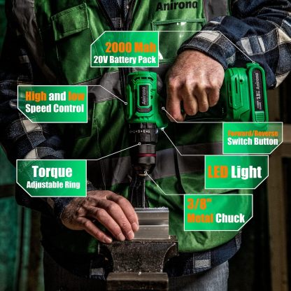 ANIRONA Kit De Atornillador De Impacto & Rotomartillo Sin Carbones, Kit Combinado de Taladro Inalámbrico Sin Escobillas Con 2 * 2000Mah Batería y Velocidades Variables