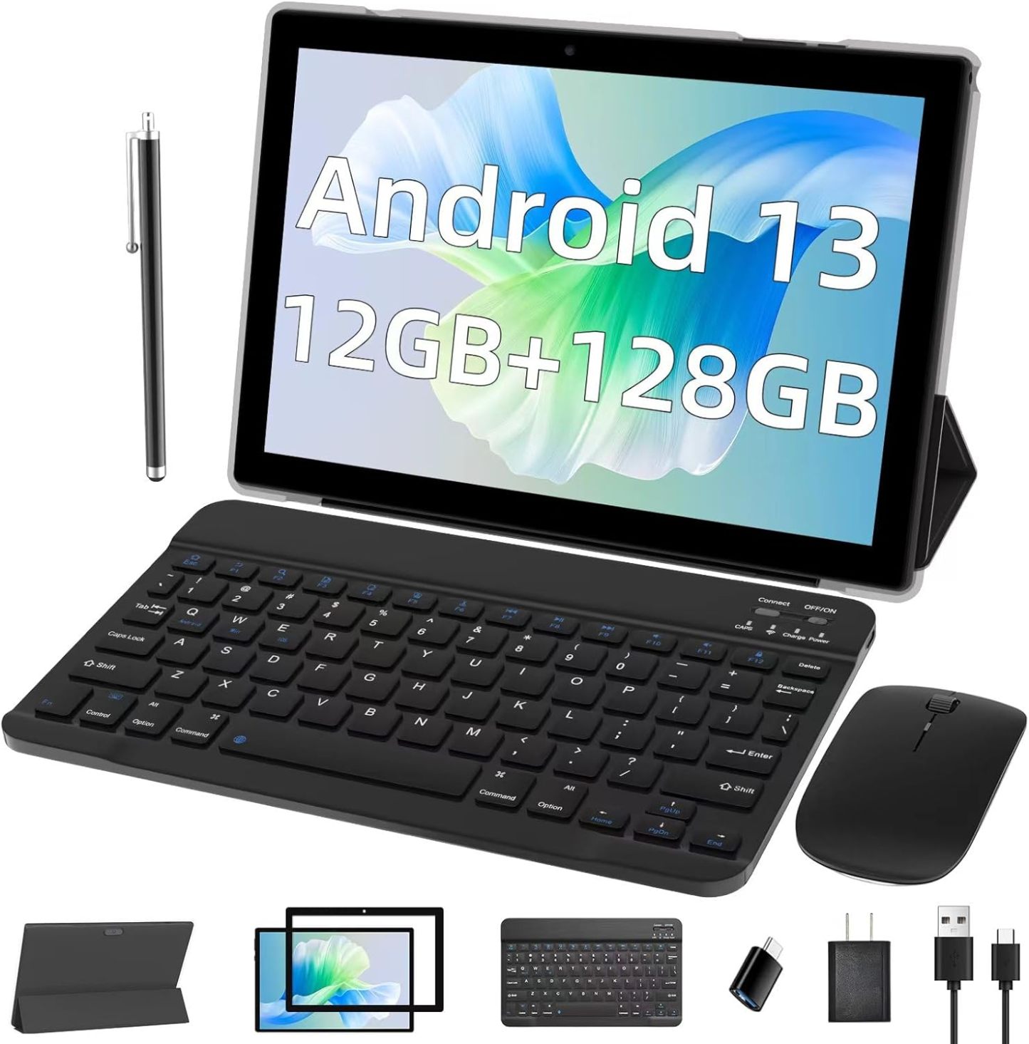 Tablet con teclado 2 en 1, Android 11, 10.1 pulgadas FHD, con teclado/mouse/funda/lápiz capacitivo/película templada, 64 GB+2 GB, Wi-Fi, cámara dual 8 MP, procesador quad core, batería 6,000 mAh, rosa