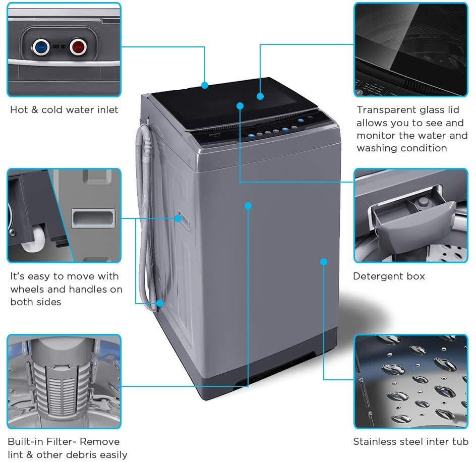 Comfee Lavadora portátil, lavadora compacta de 0.9 pies cúbicos con visualización LED, 5 ciclos de lavado, 2 rodillos integrados, lavadora completamente automática de ahorro de espacio