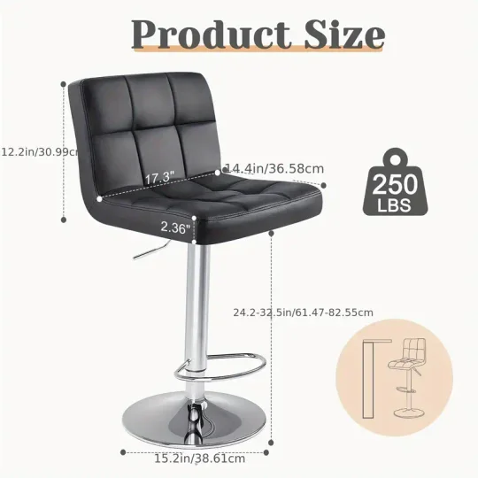 Conjunto de 4 taburetes de bar: Cuero PU de lujo, giratorios y ajustables, taburetes de mostrador de cocina sin brazos con cojín engrosado y respaldo, taburetes de bar de isla hidráulica, negro