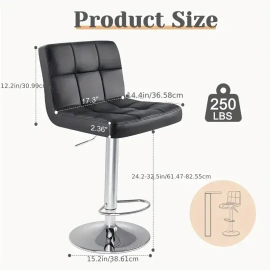 Conjunto de 4 taburetes de bar: Cuero PU de lujo, giratorios y ajustables, taburetes de mostrador de cocina sin brazos con cojín engrosado y respaldo, taburetes de bar de isla hidráulica, negro