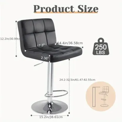 Conjunto de 4 taburetes de bar: Cuero PU de lujo, giratorios y ajustables, taburetes de mostrador de cocina sin brazos con cojín engrosado y respaldo, taburetes de bar de isla hidráulica, negro