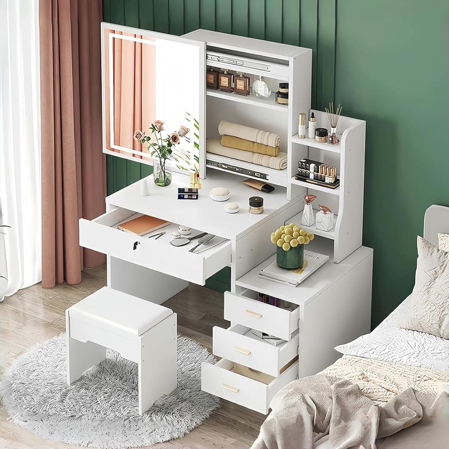 CAREEPD Tocador Vanity con Espejo luz led, tocador con Espejo con 4 Cajones, Escritorio de Maquillaje con Espejo Iluminado Led en 3 Colores,Blanco cálido Tocador de señora (Gabinete Izquierdo)