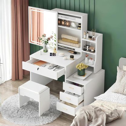 CAREEPD Tocador Vanity con Espejo luz led, tocador con Espejo con 4 Cajones, Escritorio de Maquillaje con Espejo Iluminado Led en 3 Colores,Blanco cálido Tocador de señora (Gabinete Izquierdo)